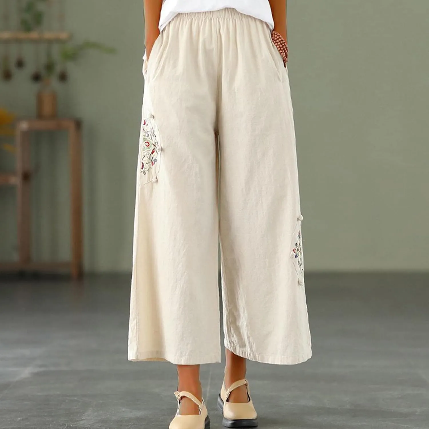 Linen Pants Women Trendy Ethnic Embroidered Cropped Trousers Summer Casual Wide Leg Lounge Palazzo with Pockets