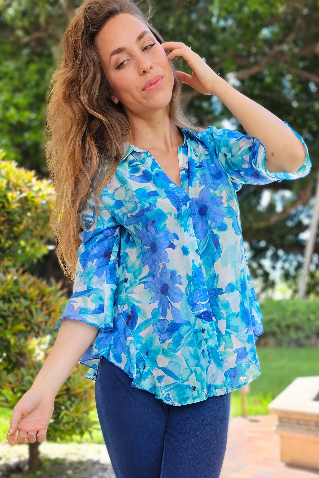 LIOR Women's Blue Floral Blouse Flowy Sleeves With Side Flounce - "Happy"