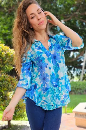 LIOR Women's Blue Floral Blouse Flowy Sleeves With Side Flounce - "Happy"