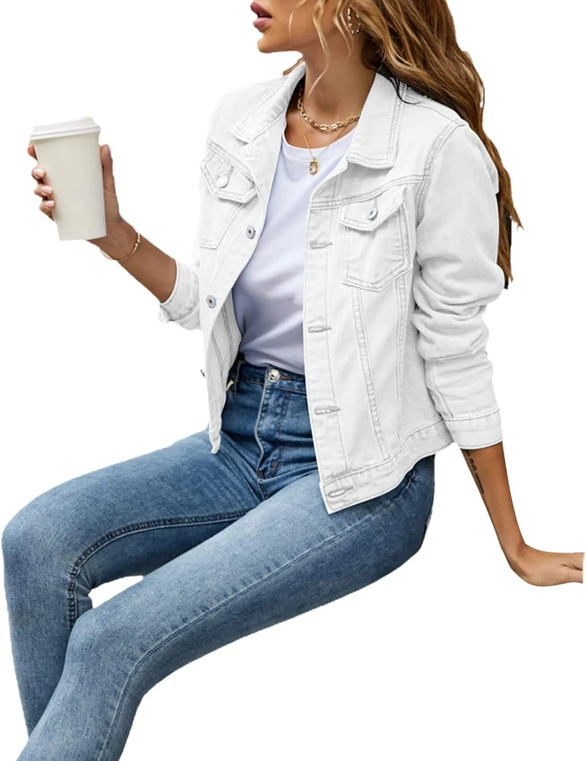 lisenraIn Jean Jackets for Women Fashion Basic Long Sleeve Button Down Denim Jacket Lightweight Cropped Jean Jacket