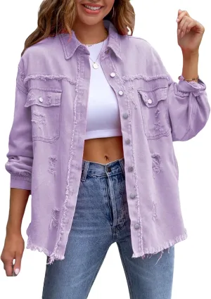 lisenraIn Women Fashion Long Sleeve Jean Jacket Distressed Ripped Denim Jacket Casual Button Down Boyfriend Denim Coat