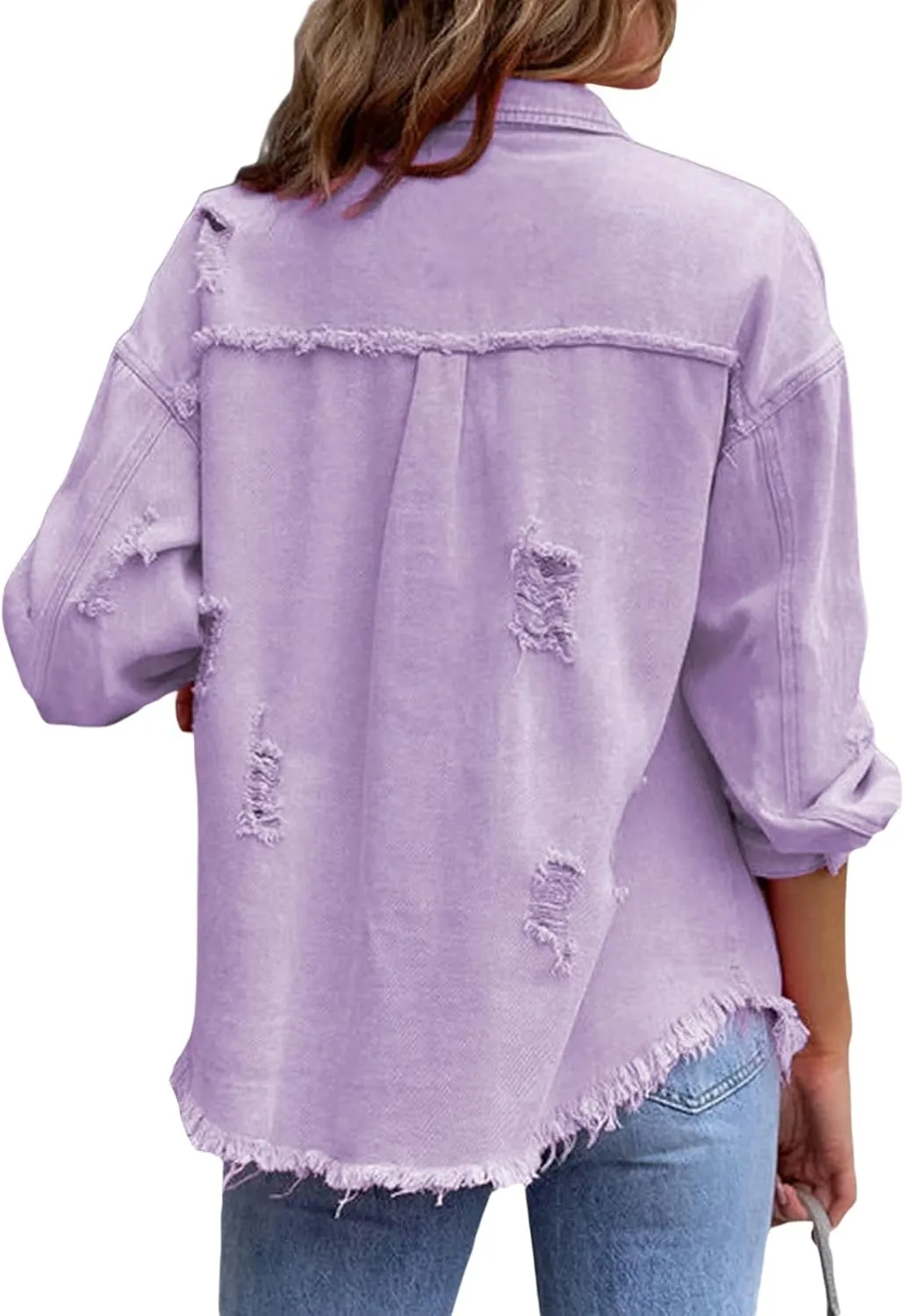 lisenraIn Women Fashion Long Sleeve Jean Jacket Distressed Ripped Denim Jacket Casual Button Down Boyfriend Denim Coat