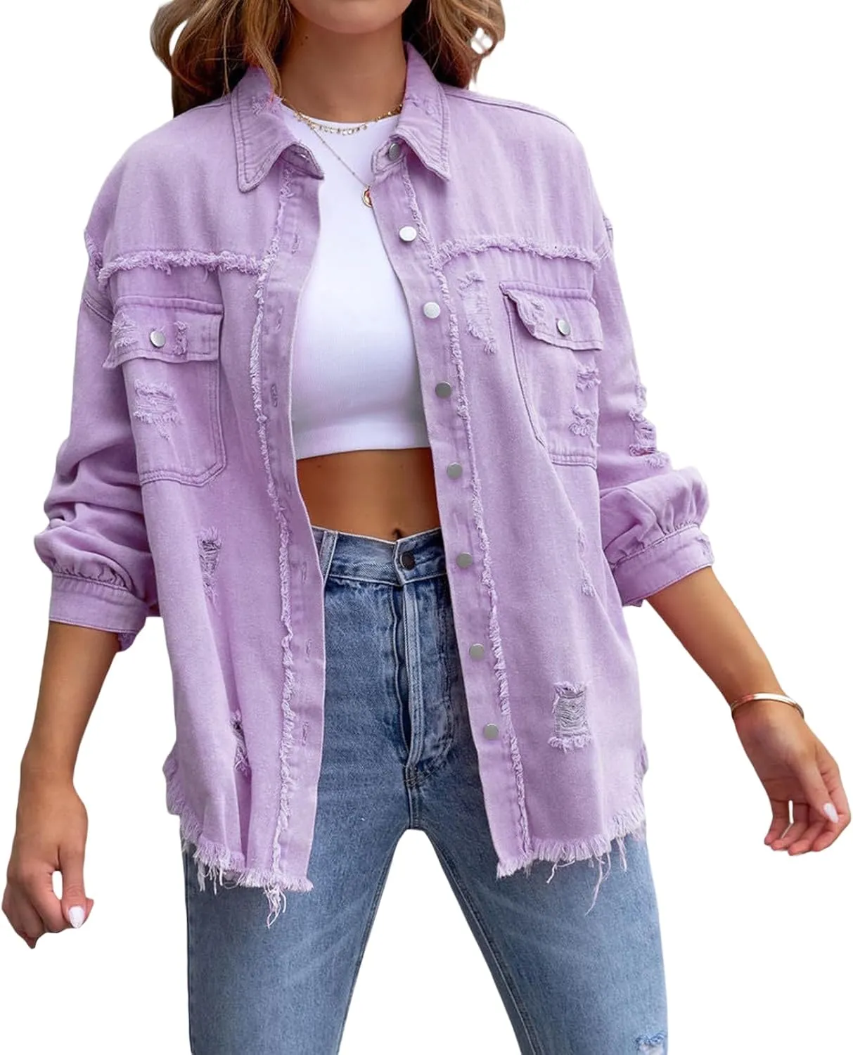lisenraIn Women Fashion Long Sleeve Jean Jacket Distressed Ripped Denim Jacket Casual Button Down Boyfriend Denim Coat