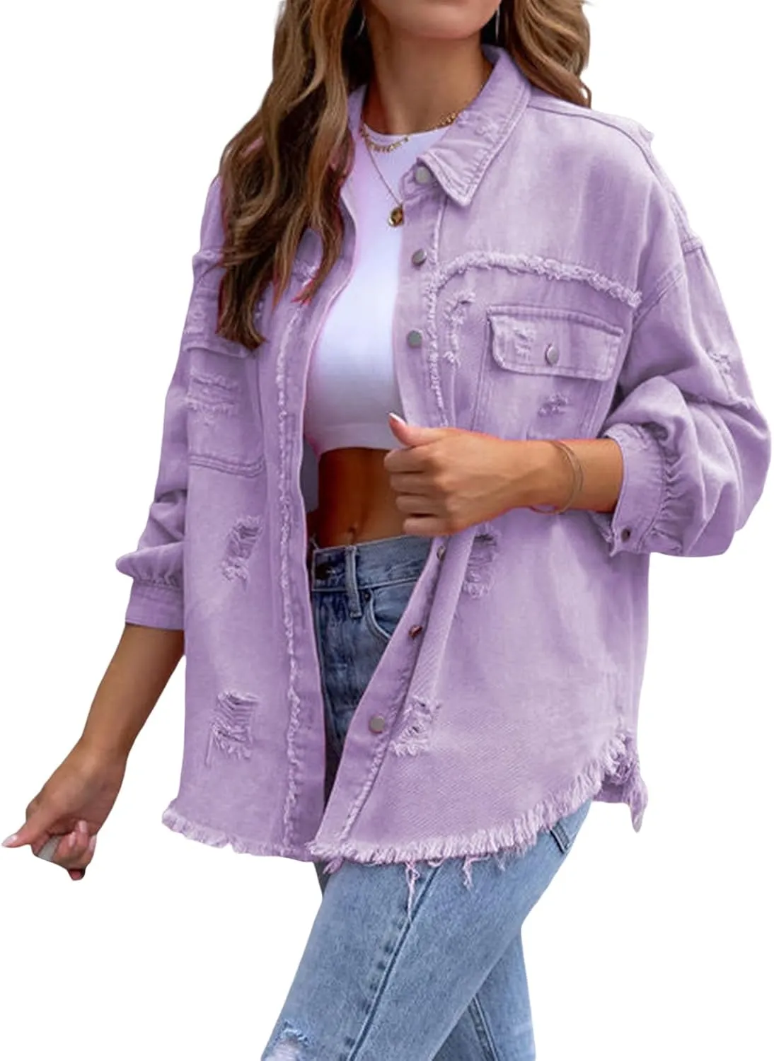 lisenraIn Women Fashion Long Sleeve Jean Jacket Distressed Ripped Denim Jacket Casual Button Down Boyfriend Denim Coat