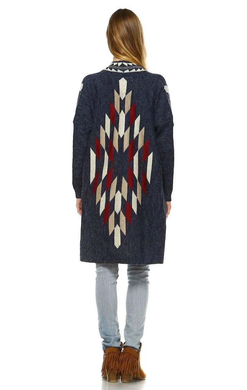Long Aztec Cardigan Tribal Sweater Border Diamond Navy