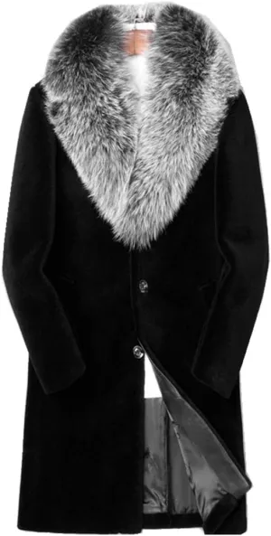 Long Faux Fur Coat Outwear Black Winter Parka Overcoat for Men
