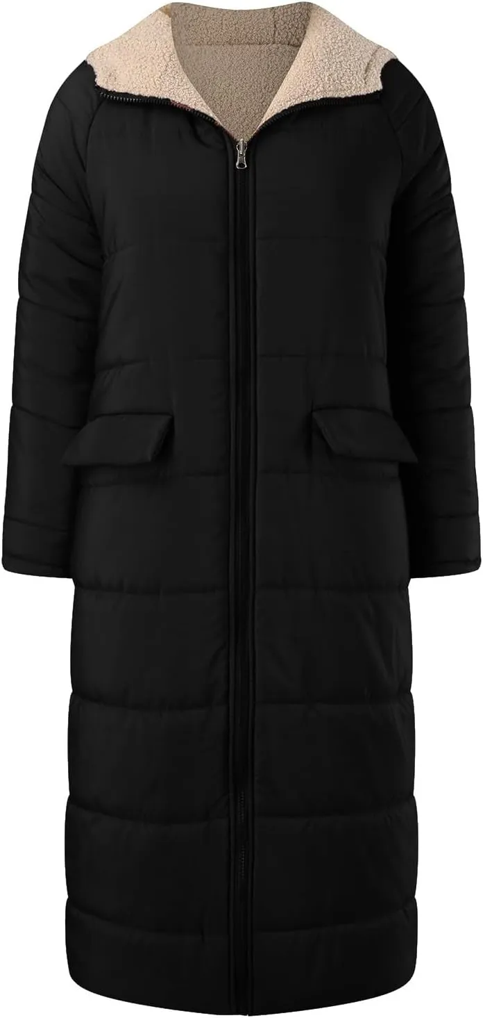 Long Fleece Jacket Women Winter Warm Reversible Puffer Coat Sherpa Padded Down Jackets Oversized Hooded Coats with Zipper