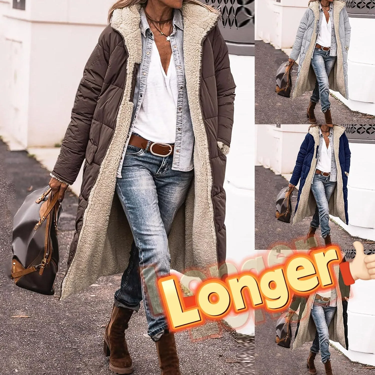 Long Fleece Jacket Women Winter Warm Reversible Puffer Coat Sherpa Padded Down Jackets Oversized Hooded Coats with Zipper