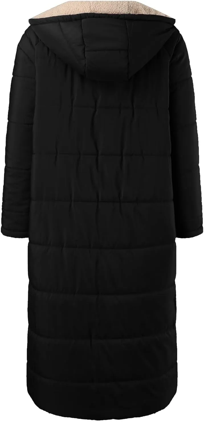 Long Fleece Jacket Women Winter Warm Reversible Puffer Coat Sherpa Padded Down Jackets Oversized Hooded Coats with Zipper