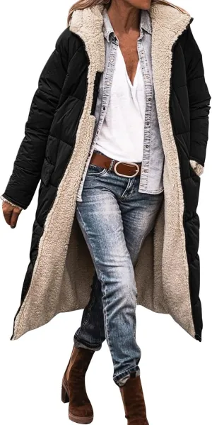 Long Fleece Jacket Women Winter Warm Reversible Puffer Coat Sherpa Padded Down Jackets Oversized Hooded Coats with Zipper