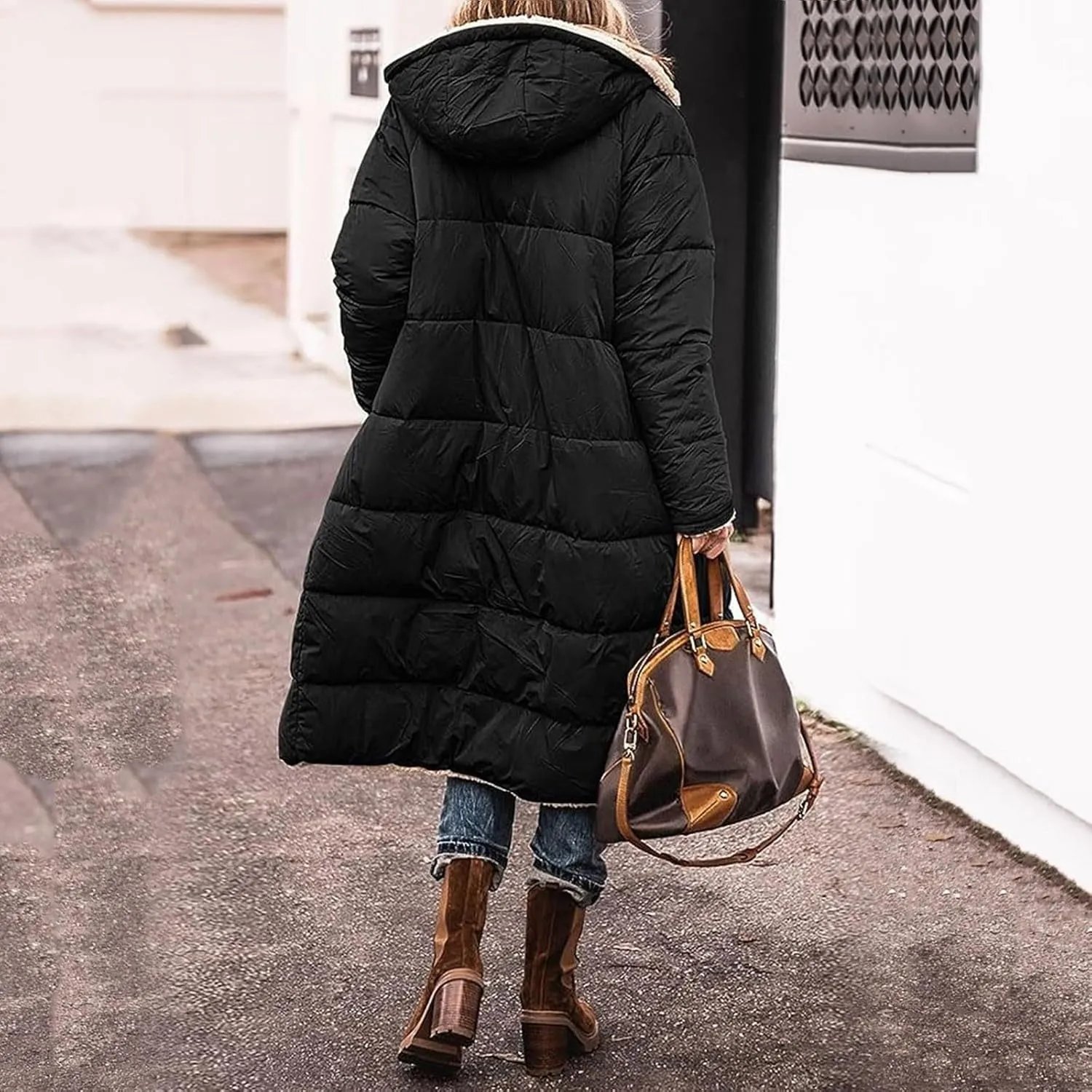 Long Fleece Jacket Women Winter Warm Reversible Puffer Coat Sherpa Padded Down Jackets Oversized Hooded Coats with Zipper