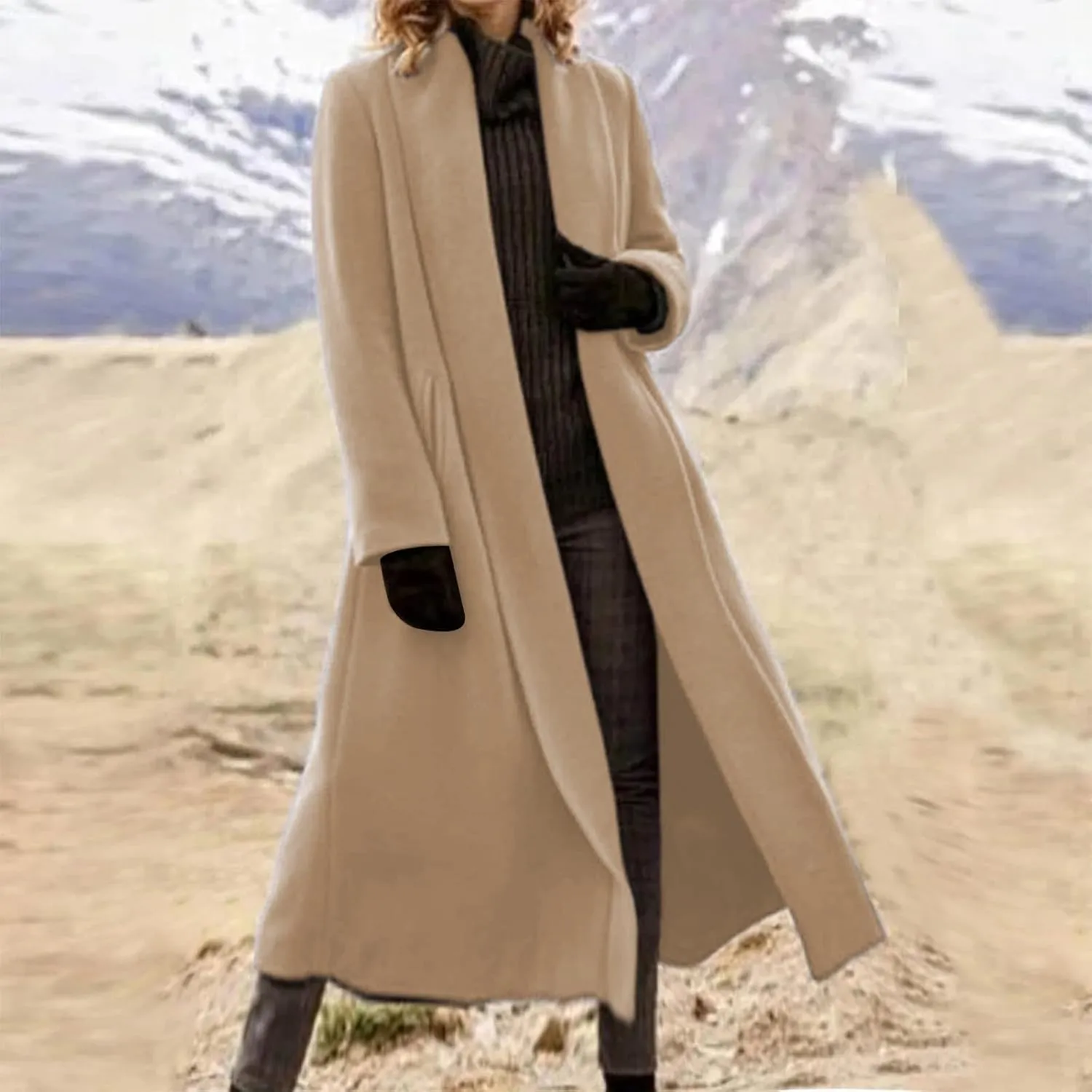 Long Pea Coat for Women Open Front Cardigan Coat Coatigan Jacket 2024 Fall Winter Wool Blend Trench Coat with Pockets