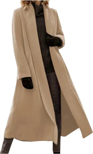 Long Pea Coat for Women Open Front Cardigan Coat Coatigan Jacket 2024 Fall Winter Wool Blend Trench Coat with Pockets