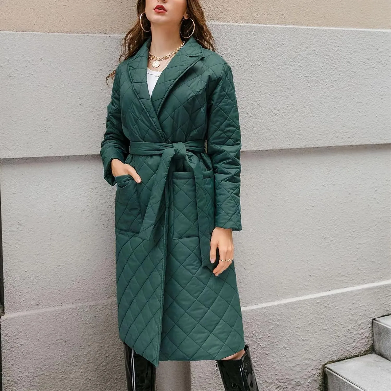 Long Puffer Coat Women Lightweight Quilted Down Jacket Overcoat Warm Winter Coats Trendy Casual Outerwear with Belt