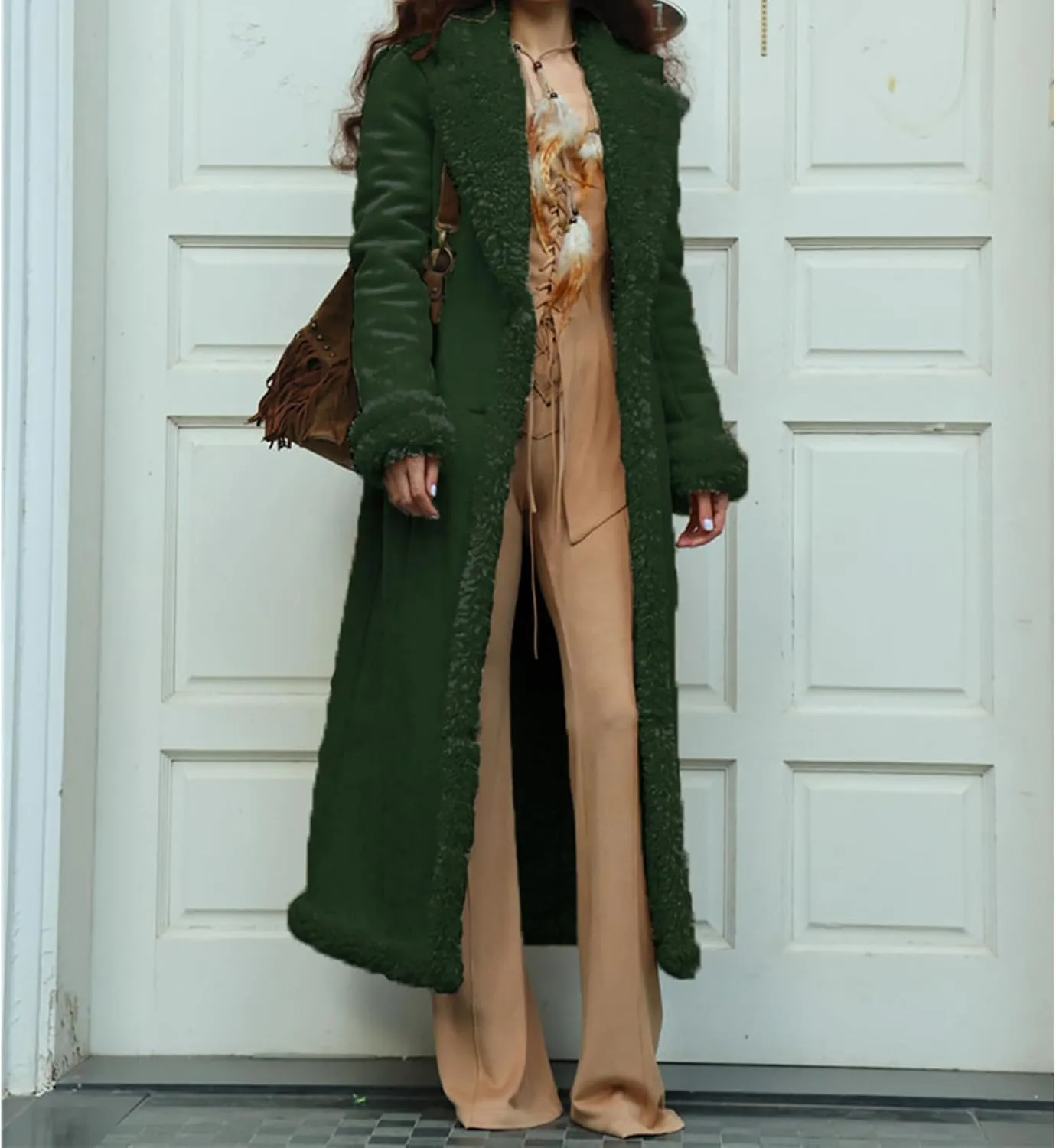 Long Winter Coats for Women Faux Suede Leather Shearing Jacket Fuzzy Sherpa Lined Trench Coat Business Casual Overcoat