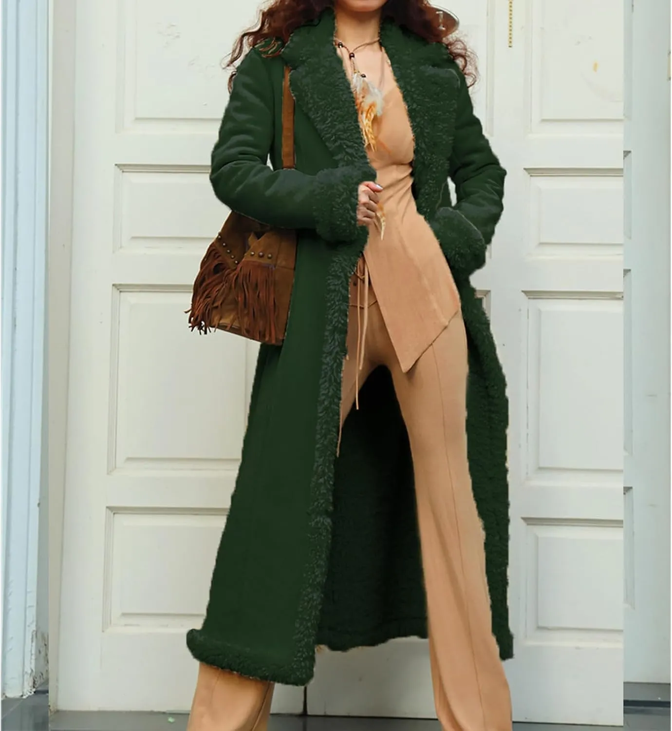 Long Winter Coats for Women Faux Suede Leather Shearing Jacket Fuzzy Sherpa Lined Trench Coat Business Casual Overcoat