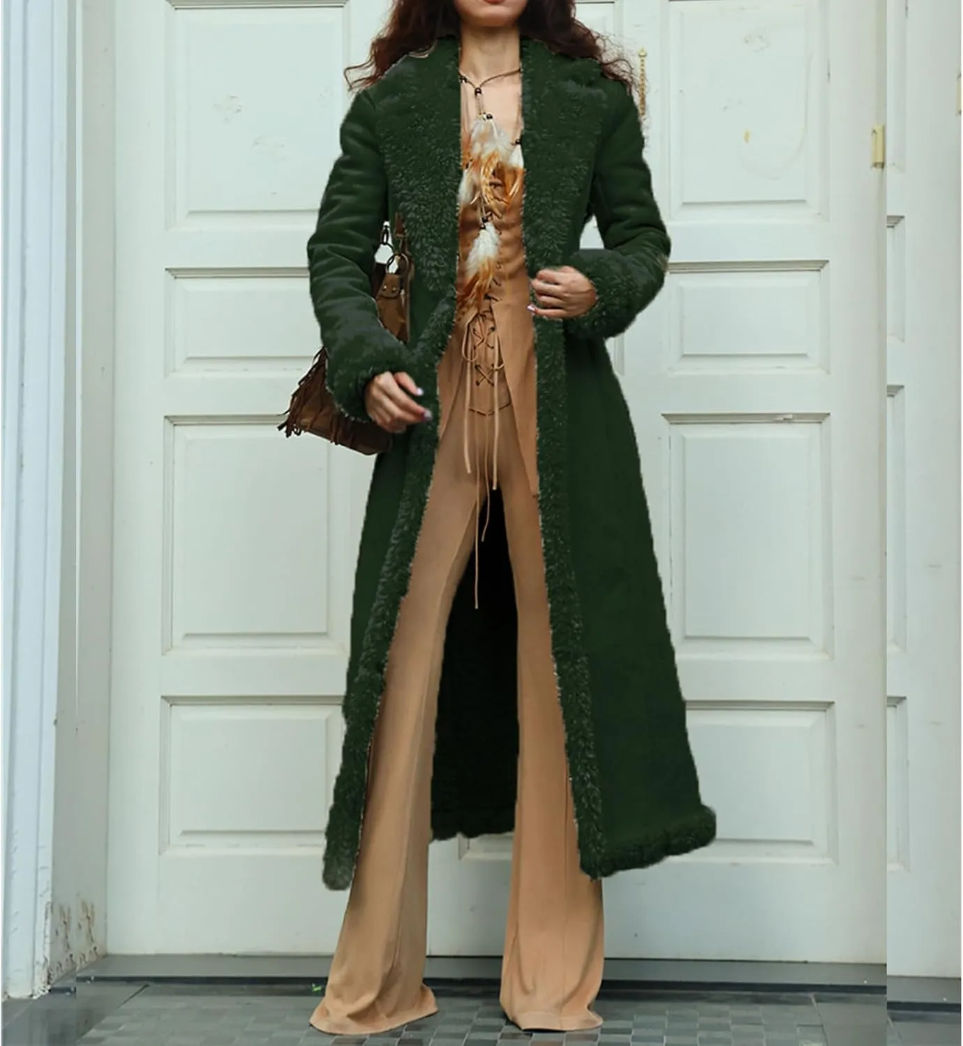 Long Winter Coats for Women Faux Suede Leather Shearing Jacket Fuzzy Sherpa Lined Trench Coat Business Casual Overcoat