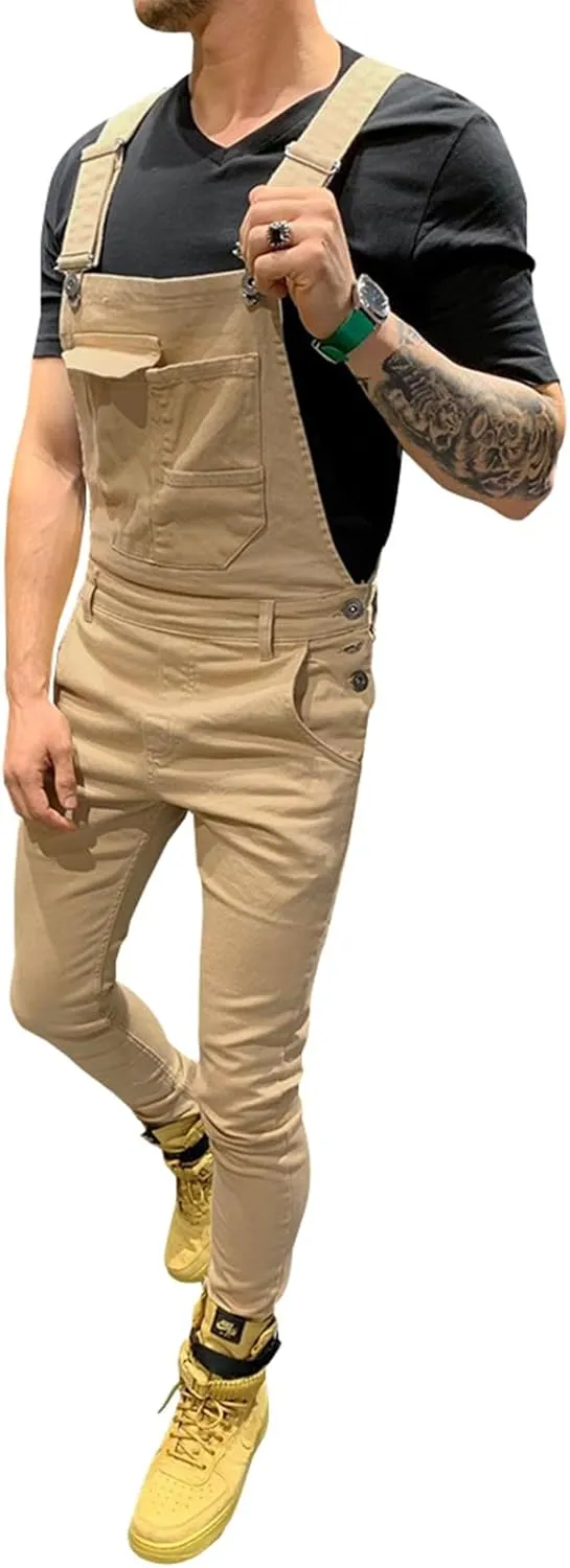 LONGBIDA Men's Denim Bib Overalls Fashion Slim Fit Jumpsuit with Pockets