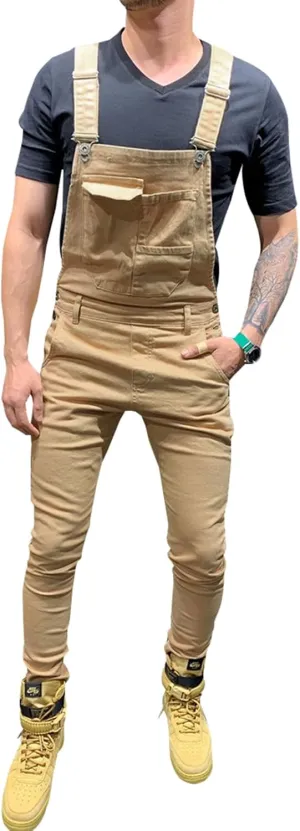 LONGBIDA Men's Denim Bib Overalls Fashion Slim Fit Jumpsuit with Pockets
