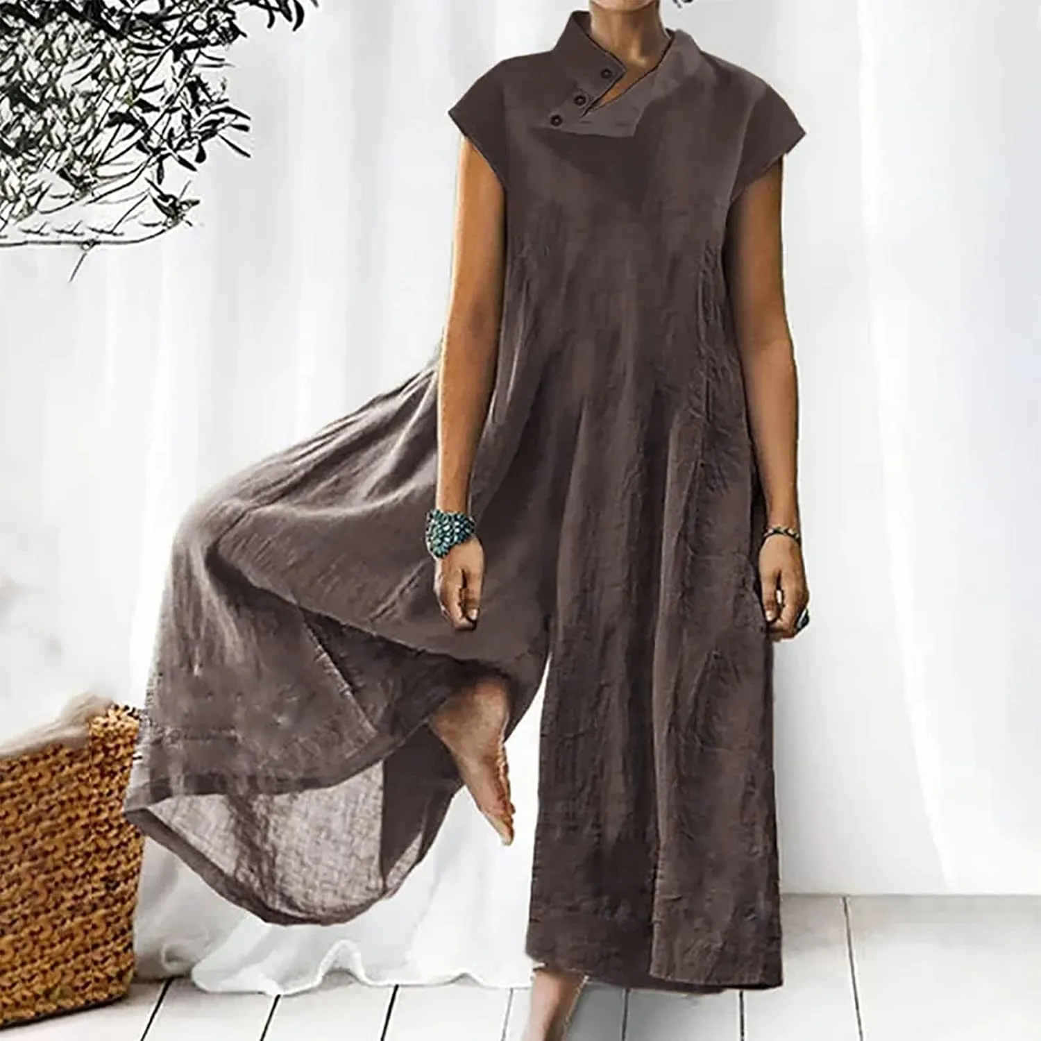 Loose Fit Pants for Women Fall Summer Linen Straight Leg Plain Long Leg Overalls Pants Rompers Women 2024 Fashion