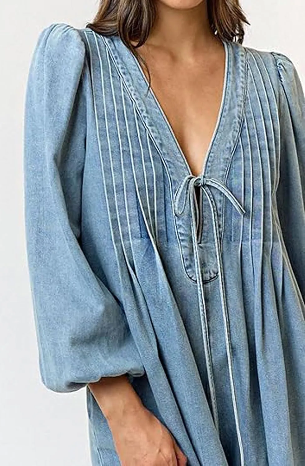 loveimgs Women Denim Jean Romper Overall Shorts Tie Front Pleated Romper Dress Deep V Neck Puff Sleeve Jumpsuit