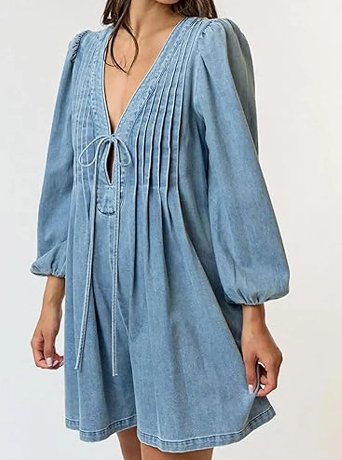loveimgs Women Denim Jean Romper Overall Shorts Tie Front Pleated Romper Dress Deep V Neck Puff Sleeve Jumpsuit