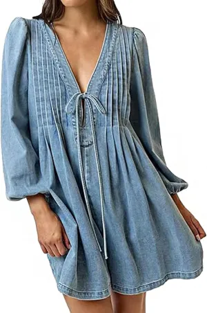 loveimgs Women Denim Jean Romper Overall Shorts Tie Front Pleated Romper Dress Deep V Neck Puff Sleeve Jumpsuit