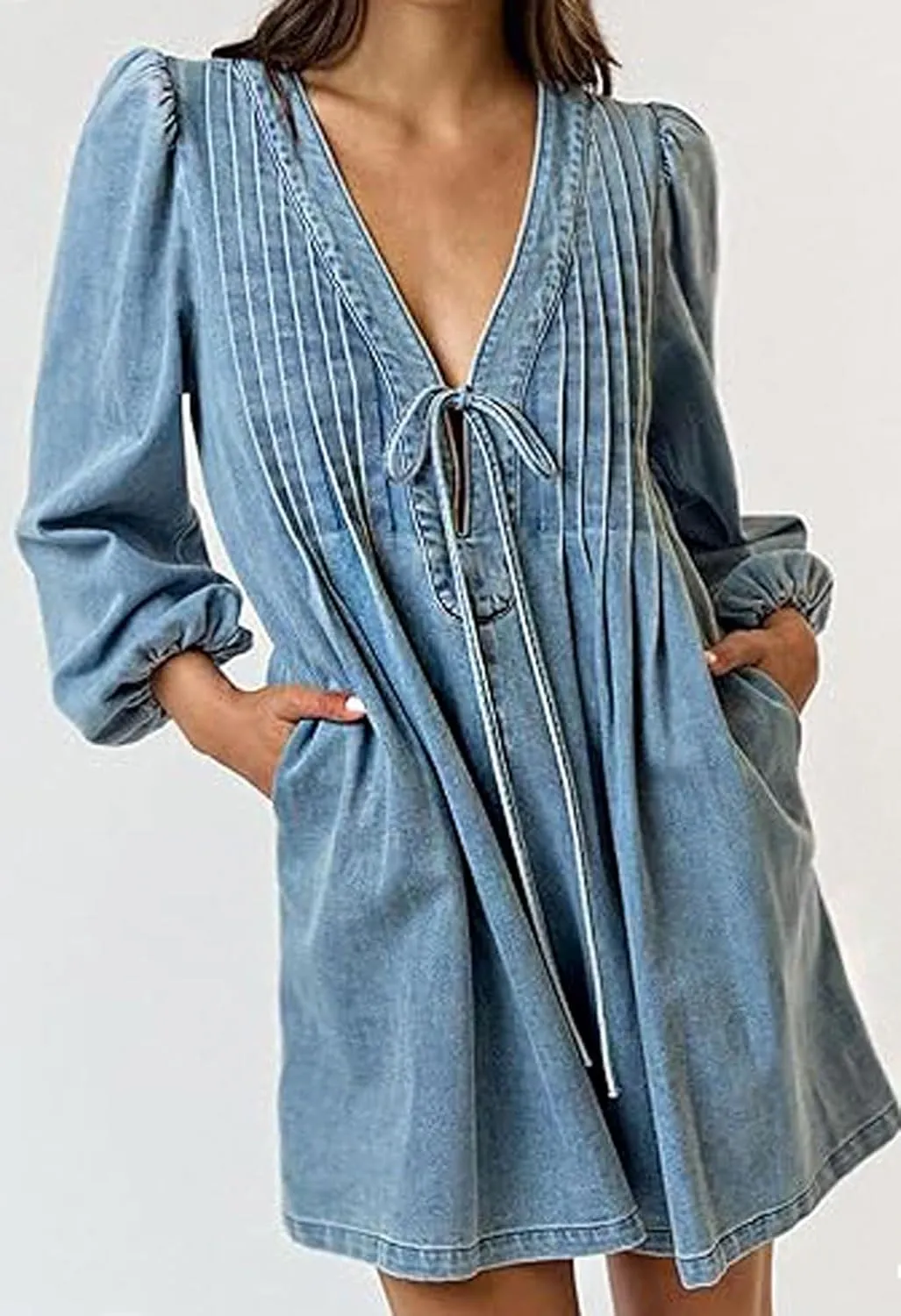 loveimgs Women Denim Jean Romper Overall Shorts Tie Front Pleated Romper Dress Deep V Neck Puff Sleeve Jumpsuit