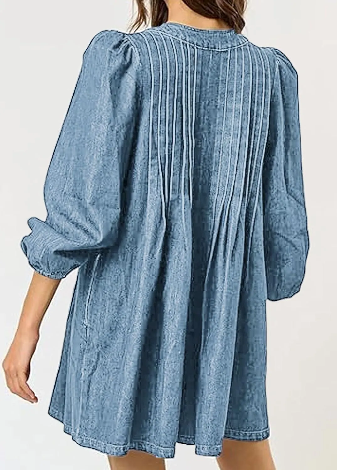loveimgs Women Denim Jean Romper Overall Shorts Tie Front Pleated Romper Dress Deep V Neck Puff Sleeve Jumpsuit