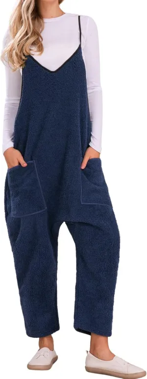 loveimgs Women Fuzzy Sherpa Fleece Overalls Oversized Jumpsuit Sleeveless Harem Pants Hot Shot Baggy Onesie Winter