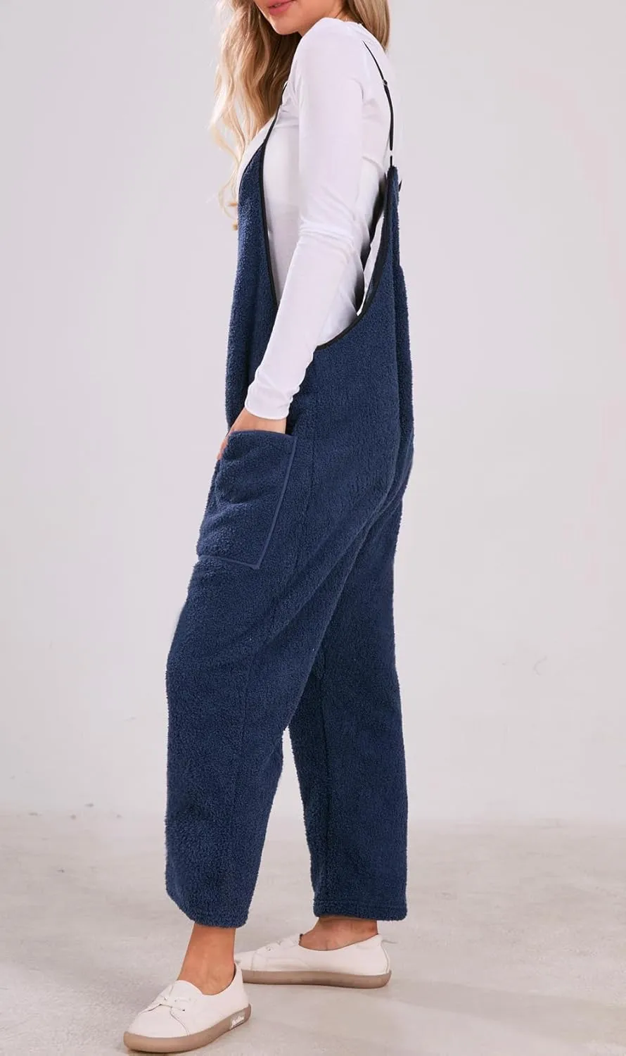 loveimgs Women Fuzzy Sherpa Fleece Overalls Oversized Jumpsuit Sleeveless Harem Pants Hot Shot Baggy Onesie Winter