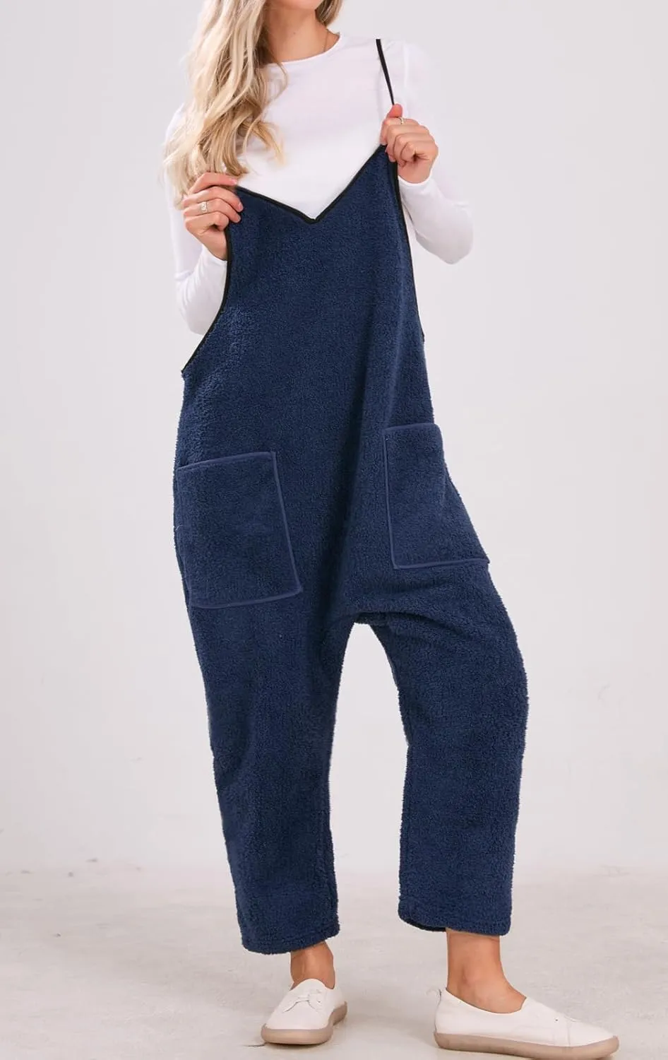 loveimgs Women Fuzzy Sherpa Fleece Overalls Oversized Jumpsuit Sleeveless Harem Pants Hot Shot Baggy Onesie Winter