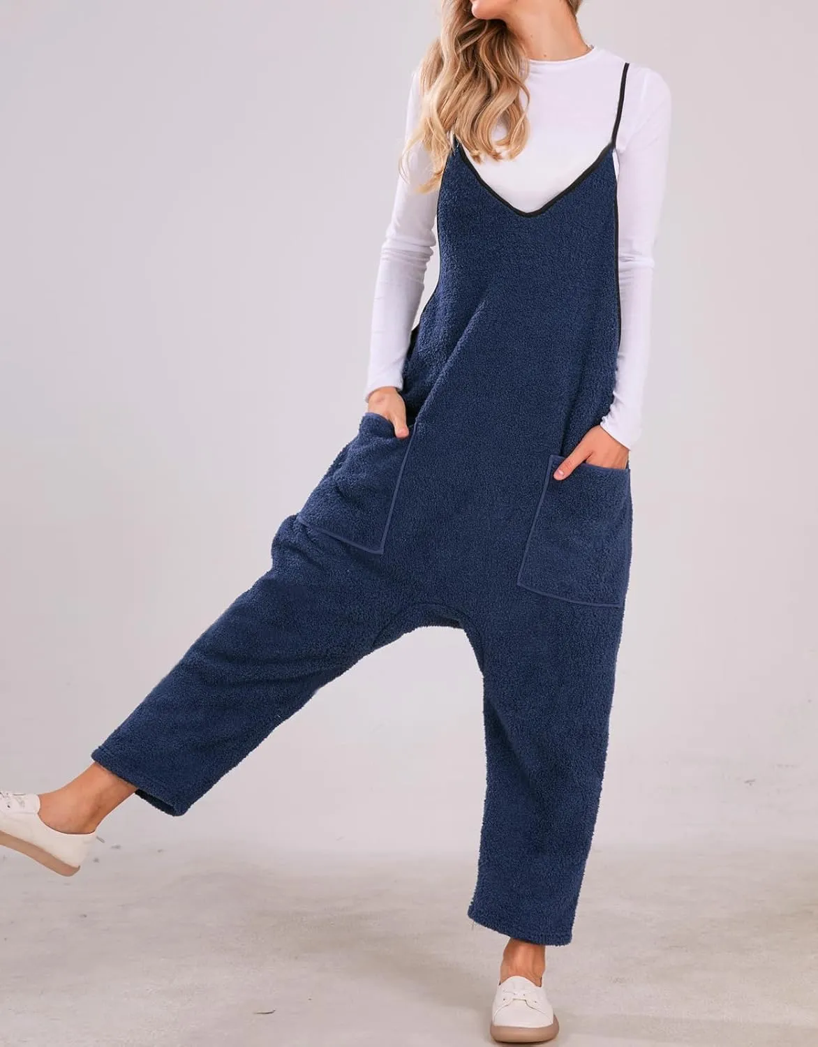 loveimgs Women Fuzzy Sherpa Fleece Overalls Oversized Jumpsuit Sleeveless Harem Pants Hot Shot Baggy Onesie Winter