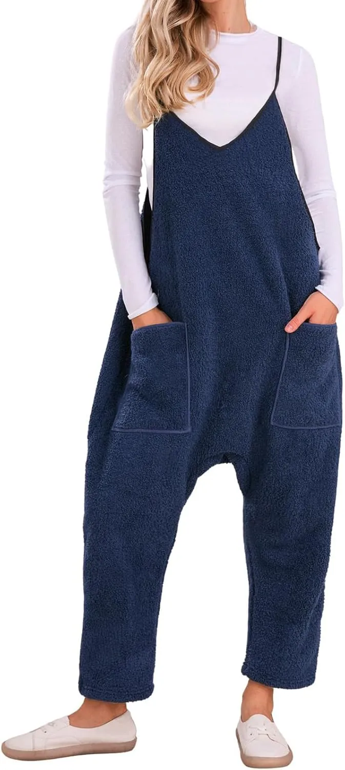 loveimgs Women Fuzzy Sherpa Fleece Overalls Oversized Jumpsuit Sleeveless Harem Pants Hot Shot Baggy Onesie Winter