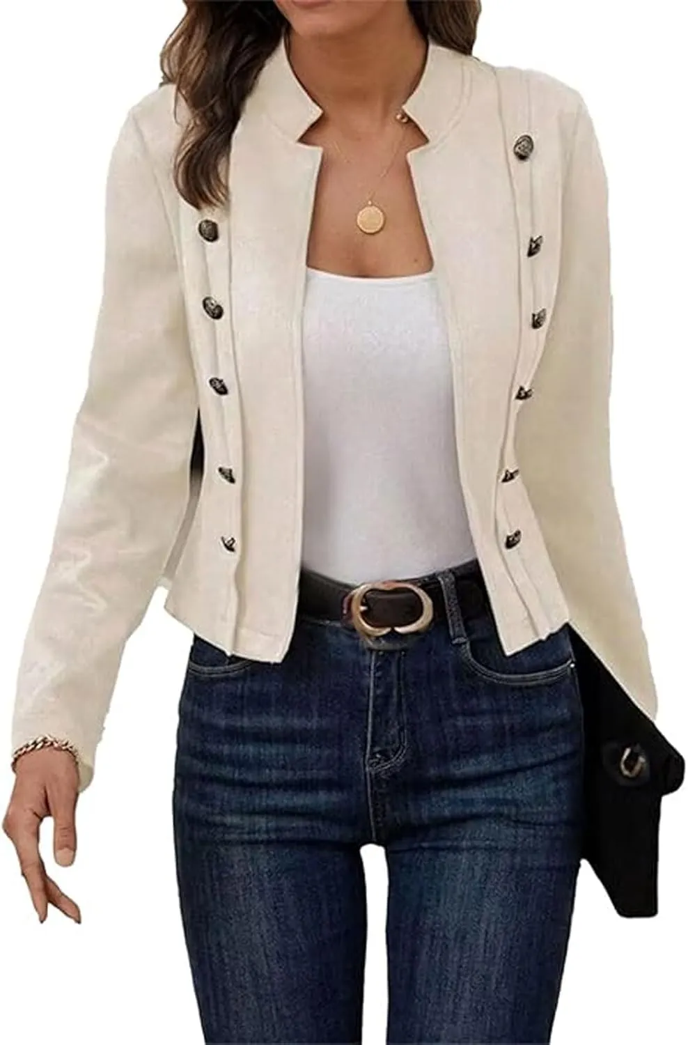 loveimgs Women Vintage Faux Suede Blazer Leather Cropped Jacket Open Front Moto Jacket Fall Blazer Top