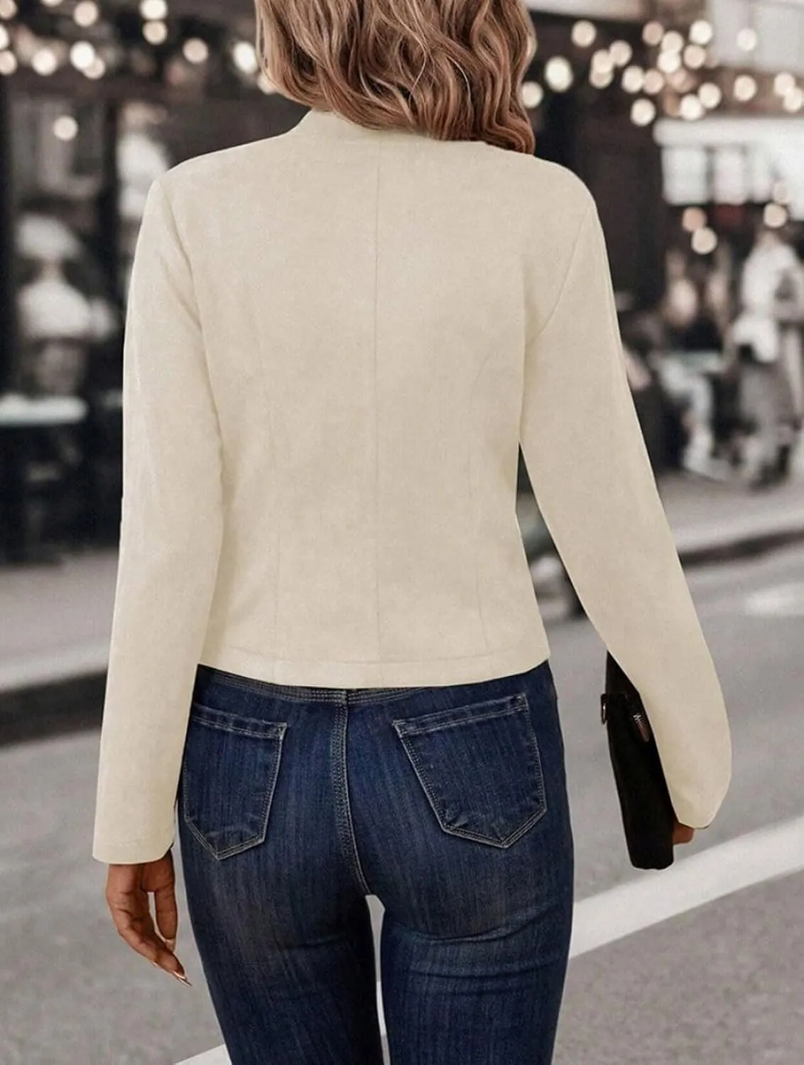 loveimgs Women Vintage Faux Suede Blazer Leather Cropped Jacket Open Front Moto Jacket Fall Blazer Top