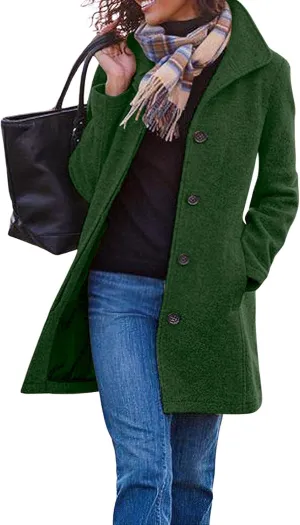 loveimgs Women Winter Mid Long Wool Pea Coat Blazer Single Breasted Trench Coat Woolen Peacoat Stand Collar Overcoat