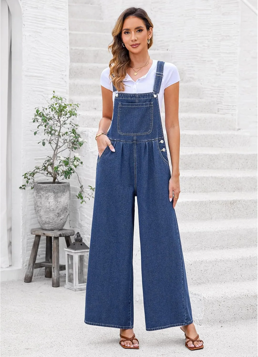 luvamia Denim Overalls for Women Wide Leg One Piece Jean Jumpsuits Fashion Baggy Bib Overall Loose Fit Pleated Pockets