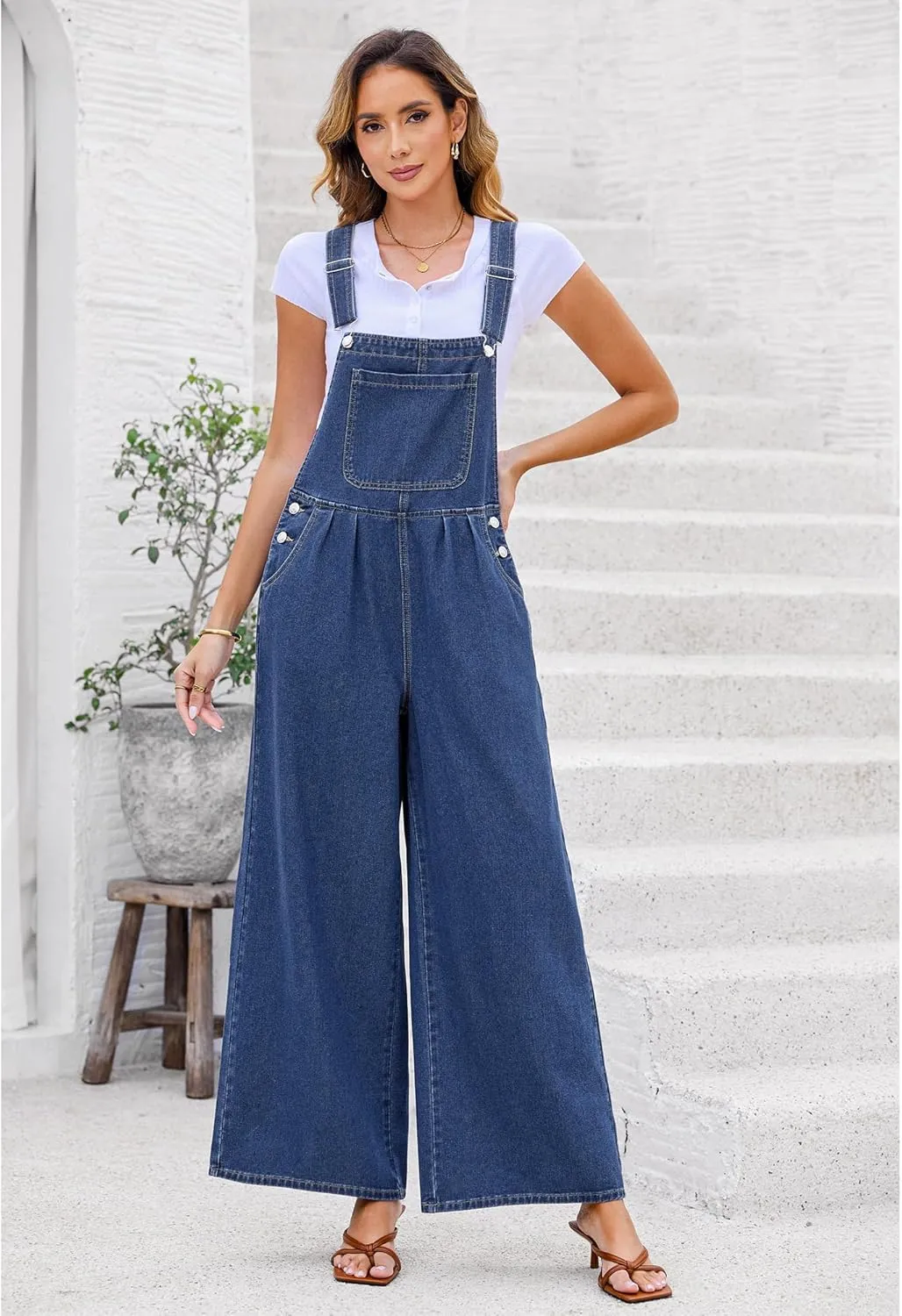 luvamia Denim Overalls for Women Wide Leg One Piece Jean Jumpsuits Fashion Baggy Bib Overall Loose Fit Pleated Pockets