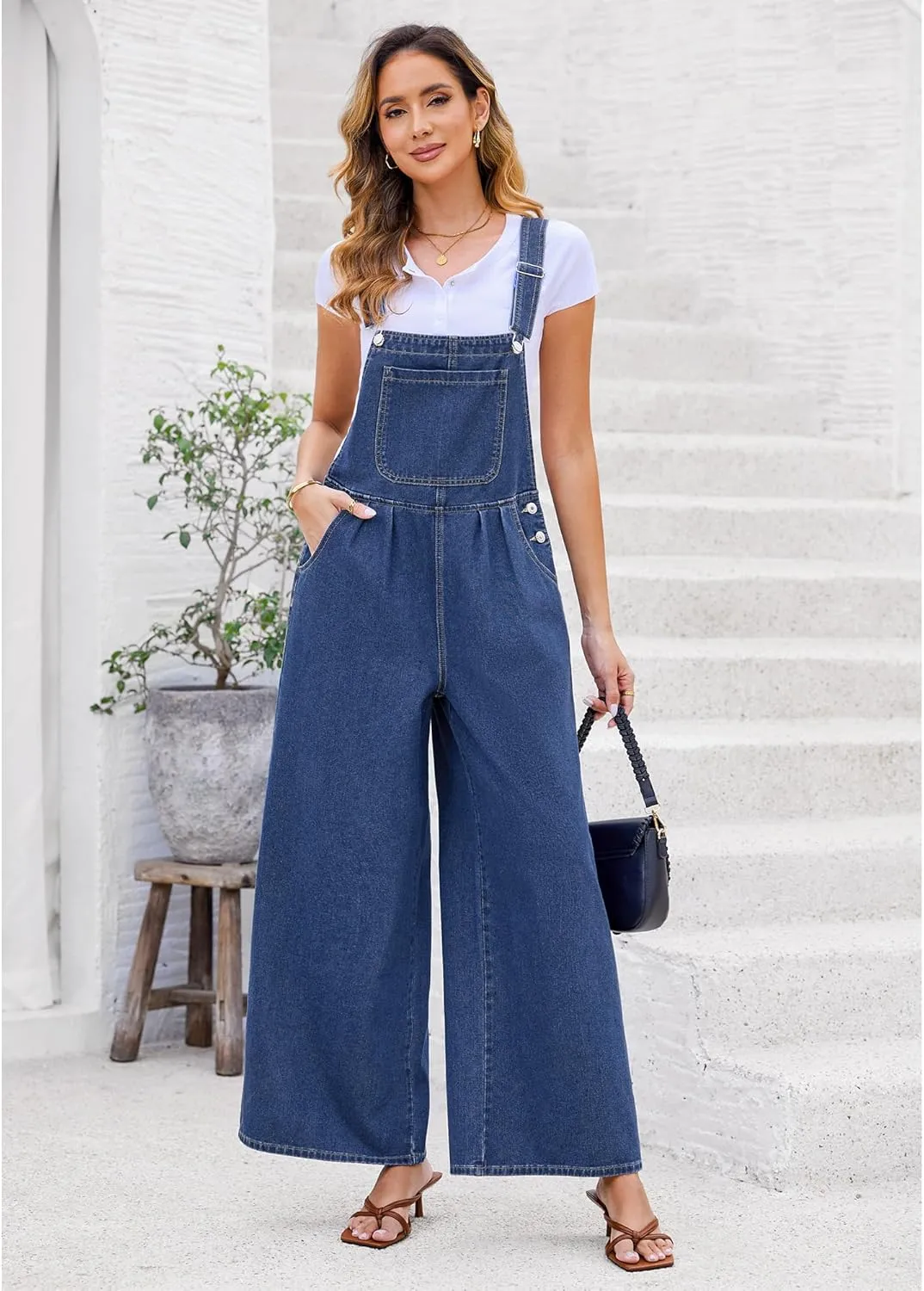 luvamia Denim Overalls for Women Wide Leg One Piece Jean Jumpsuits Fashion Baggy Bib Overall Loose Fit Pleated Pockets