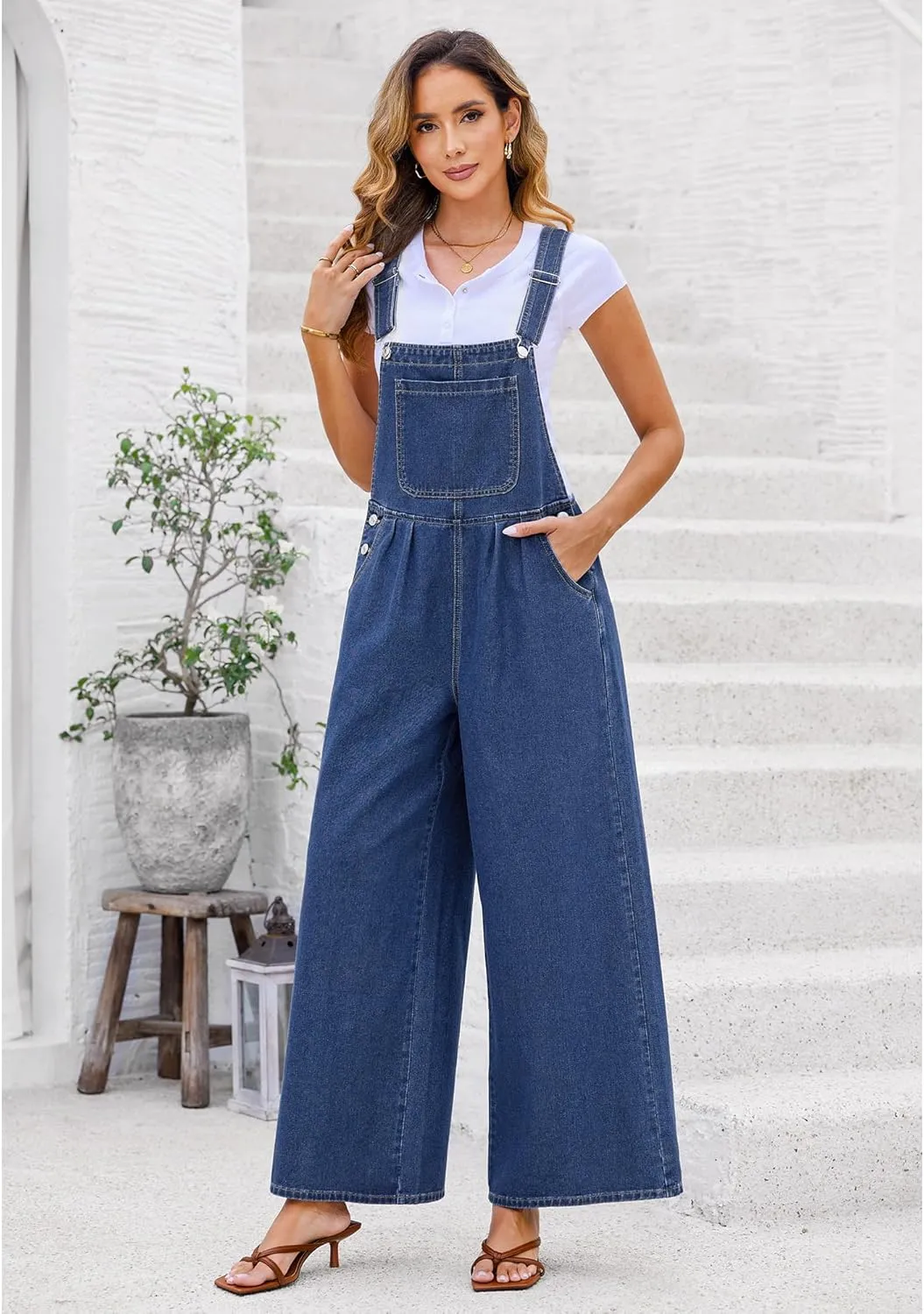 luvamia Denim Overalls for Women Wide Leg One Piece Jean Jumpsuits Fashion Baggy Bib Overall Loose Fit Pleated Pockets