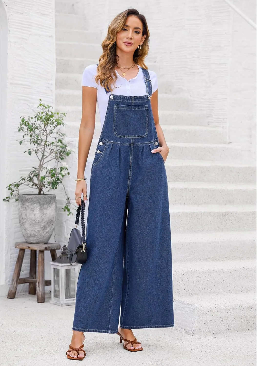 luvamia Denim Overalls for Women Wide Leg One Piece Jean Jumpsuits Fashion Baggy Bib Overall Loose Fit Pleated Pockets