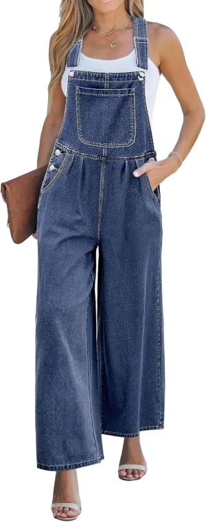 luvamia Denim Overalls for Women Wide Leg One Piece Jean Jumpsuits Fashion Baggy Bib Overall Loose Fit Pleated Pockets