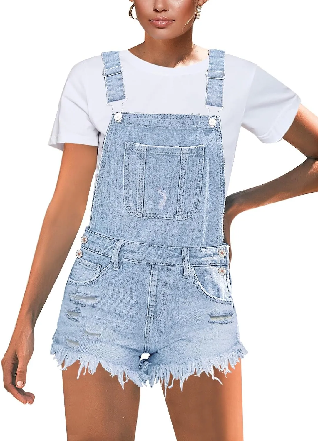luvamia Women's Ripped Short Overalls Adjustable Denim Bib Overall Shorts Romper