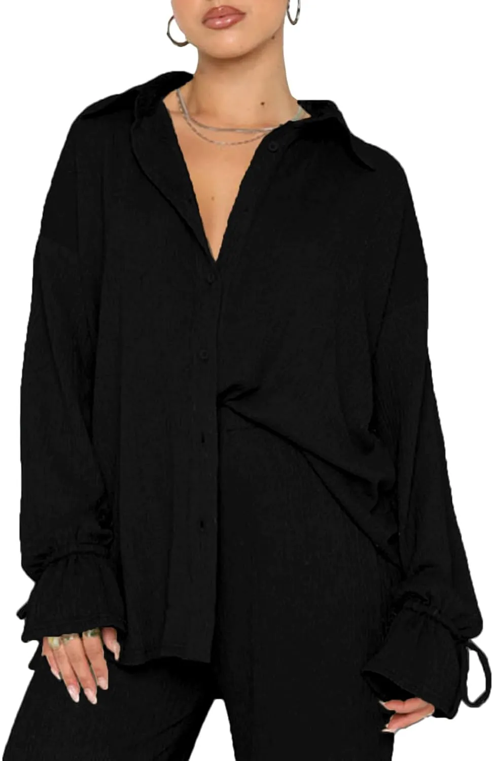 LYANER Women's 2 Piece Outfits Button Down Long Sleeve Shirt and Wide Leg Pants Set