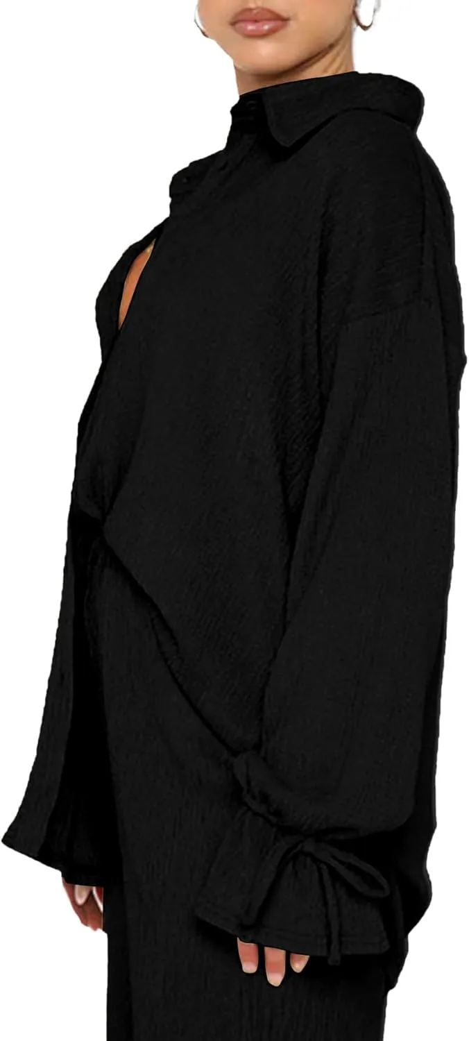 LYANER Women's 2 Piece Outfits Button Down Long Sleeve Shirt and Wide Leg Pants Set