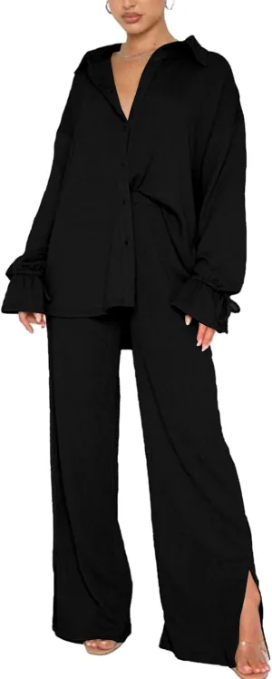 LYANER Women's 2 Piece Outfits Button Down Long Sleeve Shirt and Wide Leg Pants Set