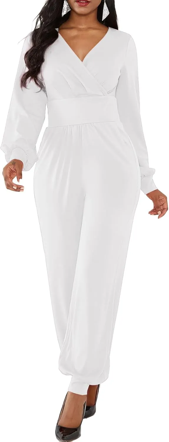 LYANER Women's Deep V Neck Long Sleeve Wrap Front Jumpsuit Pant Cocktail Party Romper