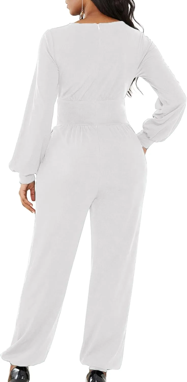 LYANER Women's Deep V Neck Long Sleeve Wrap Front Jumpsuit Pant Cocktail Party Romper