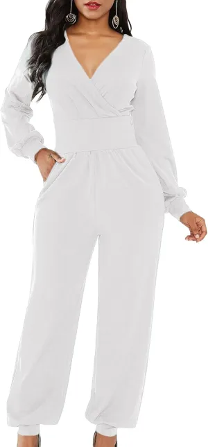 LYANER Women's Deep V Neck Long Sleeve Wrap Front Jumpsuit Pant Cocktail Party Romper